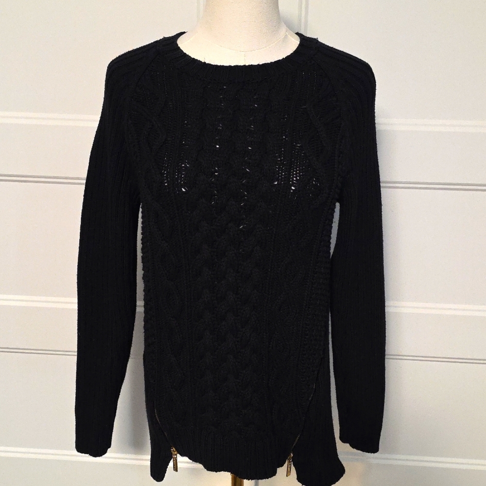 Michael Kors Black Cable Knit Sweater with Gold Zipper Accents
